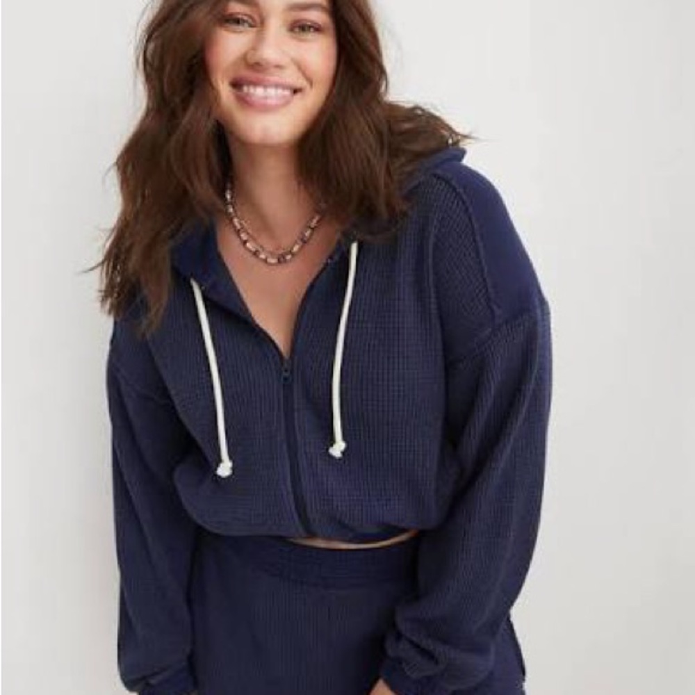 Aerie Navy Blue Cropped Waffle Hoodie Size L
